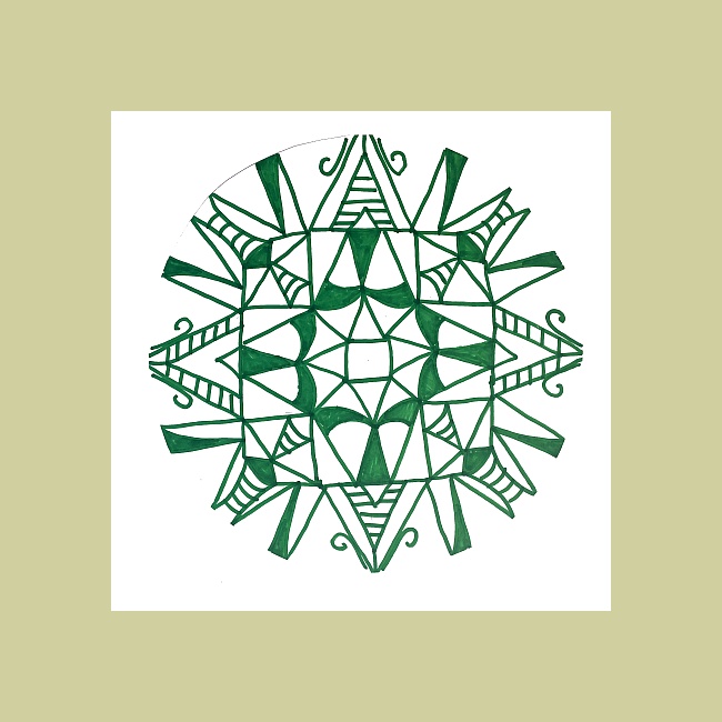 Mandala narysowana przez dziecko- zielone linie, proste figury geometryczne zamalowane na zielono albo w zielone paski.